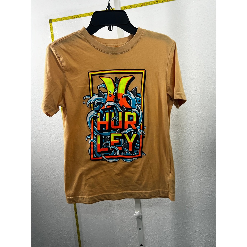 Hurley Boys Graphic T-Shirt‎ Tan Shark Wave Surf Logo Tee Size 10/12 Medium